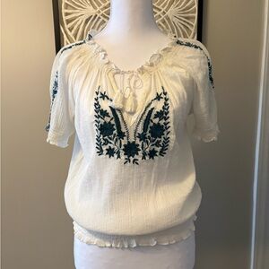Joie Cream Blouse with Blue Embroidery